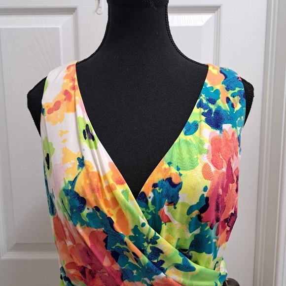 Chaps Floral Dress Faux Wrap Colourful Print Women's Large Sleeveless Dress - Picture 2 of 14